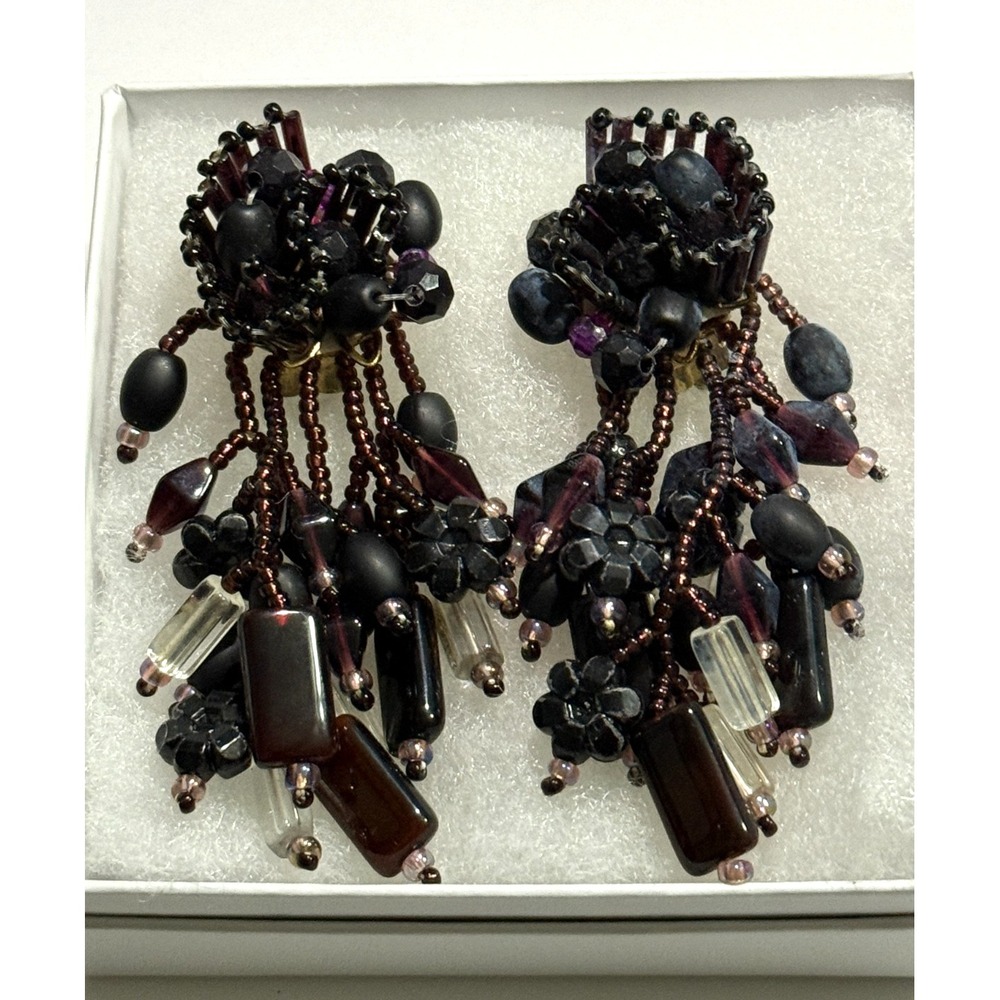 Vintage Black Sequins Beaded Design Dangle Statement Clip On Earrings Chunky